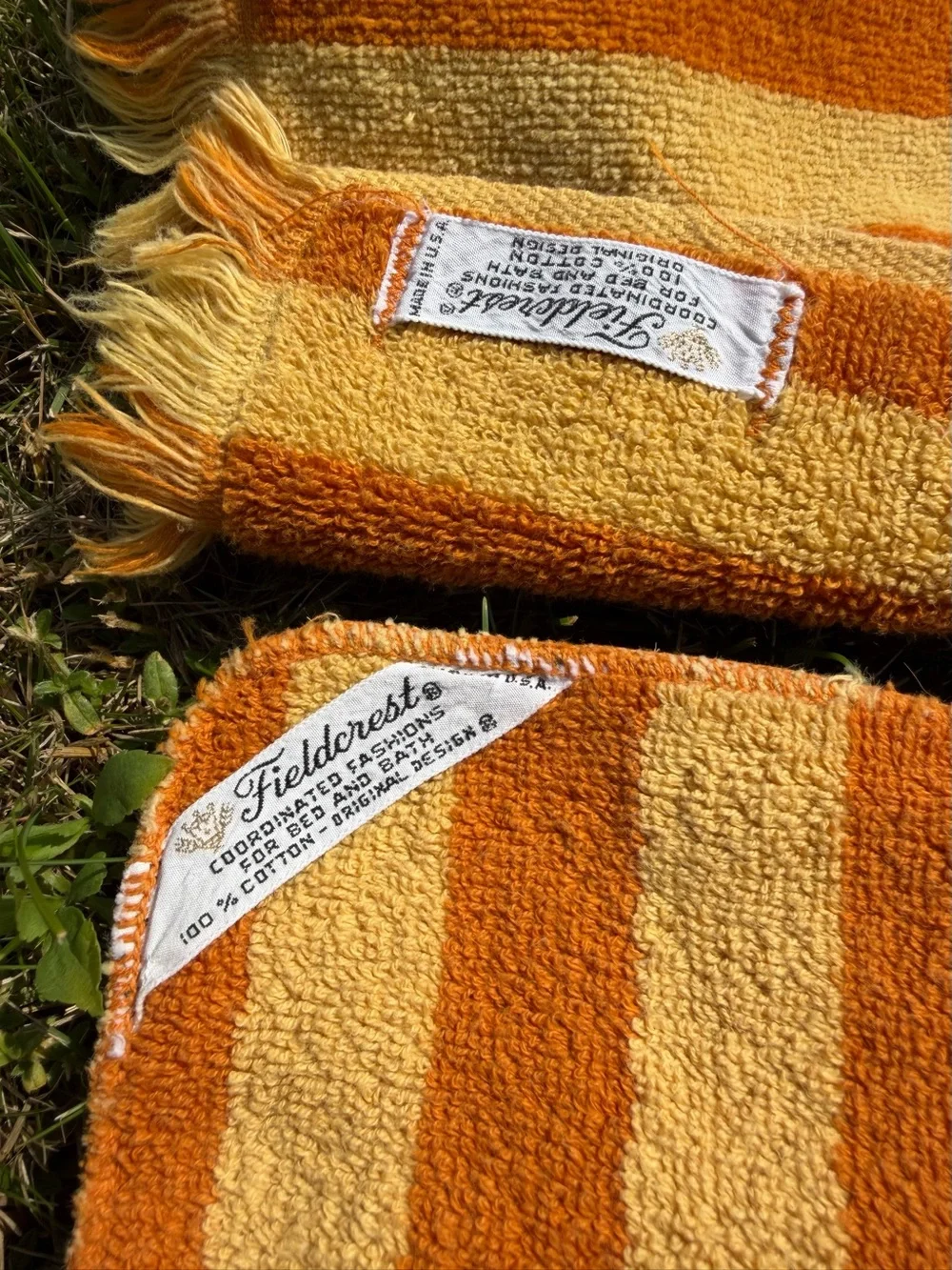 Vintage MCM Fieldcrest GOLD STRIPED Hand Towel Cotton Washcloth 2pc Yellow Brown